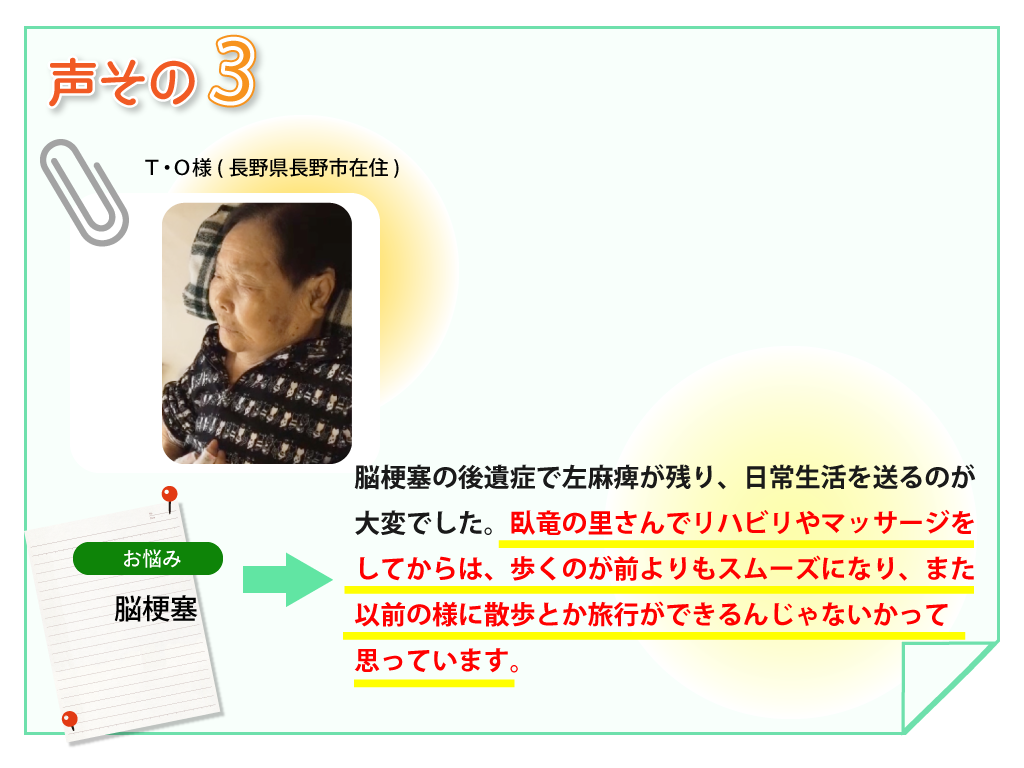 Ｔ・Ｏ様　長野県長野市在住。お悩み：脳梗塞　定期的に訪問してくれるので自分では続かないトレーニングも的確に指導してくれて改善してきています。